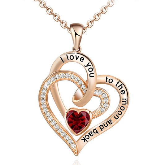 Lettering Necklace Double Heart Diamond Birthstone Necklace