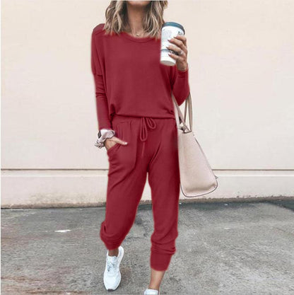 Women's Long Sleeve Suit Fashion Pullover Top And Pockets Drawstring Long Pants Solid Color Casual Sports Trouser Suit Clothing