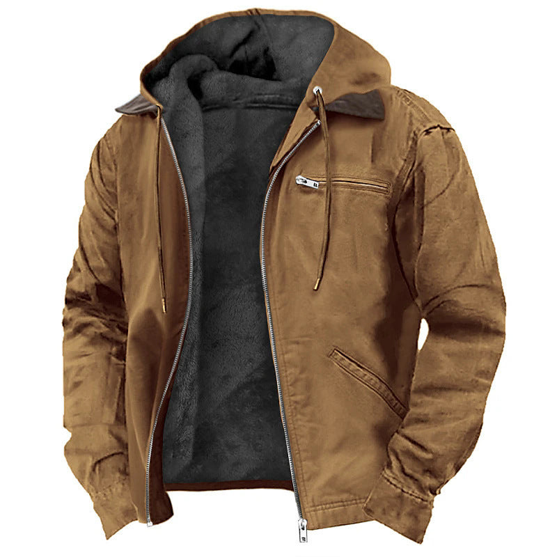 Winter Hooded Coat With Pockets Fashion Warm Fleece Zip-up Jacket Casual Outwear Men's Clothing