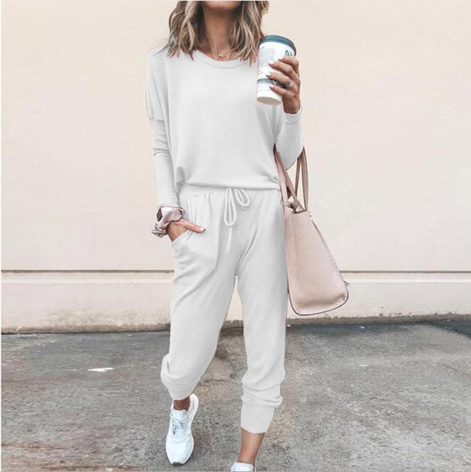 Women's Long Sleeve Suit Fashion Pullover Top And Pockets Drawstring Long Pants Solid Color Casual Sports Trouser Suit Clothing