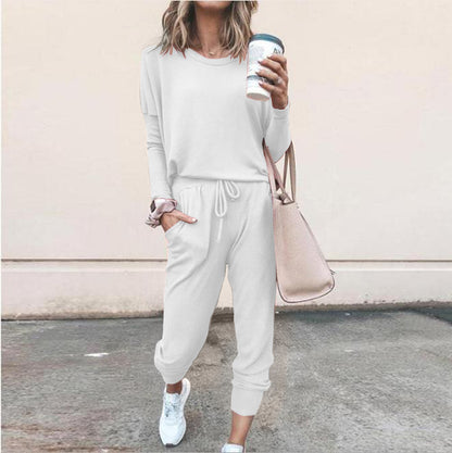 Women's Long Sleeve Suit Fashion Pullover Top And Pockets Drawstring Long Pants Solid Color Casual Sports Trouser Suit Clothing