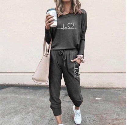 Women's Long Sleeve Suit Fashion Pullover Top And Pockets Drawstring Long Pants Solid Color Casual Sports Trouser Suit Clothing