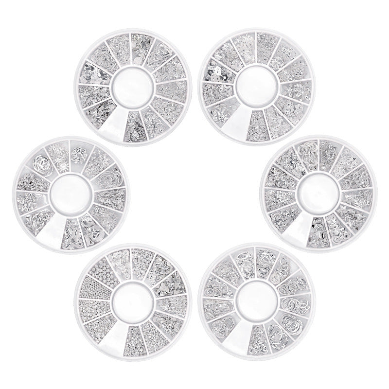 Silver Rivet Xingyue Metal Alloy Nail Box Rhinestone 12 Grid Sequins