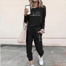 Women's Long Sleeve Suit Fashion Pullover Top And Pockets Drawstring Long Pants Solid Color Casual Sports Trouser Suit Clothing