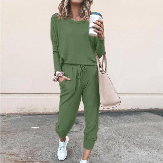 Women's Long Sleeve Suit Fashion Pullover Top And Pockets Drawstring Long Pants Solid Color Casual Sports Trouser Suit Clothing