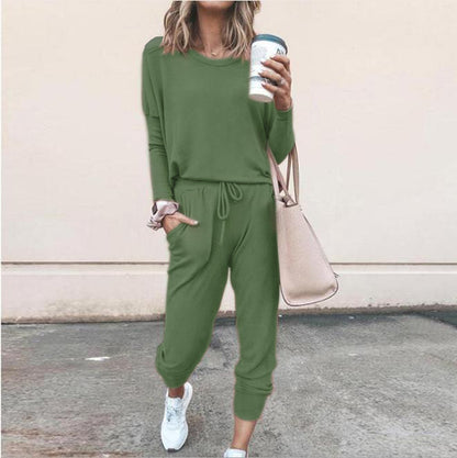 Women's Long Sleeve Suit Fashion Pullover Top And Pockets Drawstring Long Pants Solid Color Casual Sports Trouser Suit Clothing